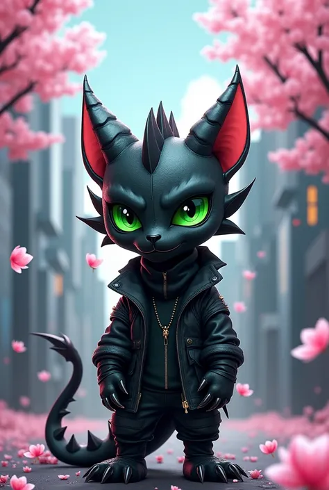 Chat noir mignon draconique yeux vert style Eminem avec des arbres Sakura ville futuriste 