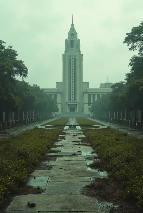  Imagine the Esplanade of Ministries ,  with the National Congress in the background , in Brasilia, in Brazil, destroyed by the passage of time ,  in a kind of dystopian vision. 