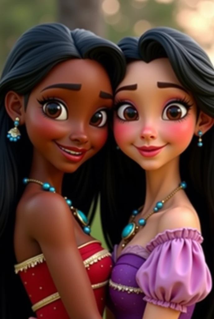 Two princesses Moana with dark brown skin and black hair and Rapunzel with fair skin with black hair, with a close up capturing the harmonious beauty between showing your natural charm and outgoing personality.
