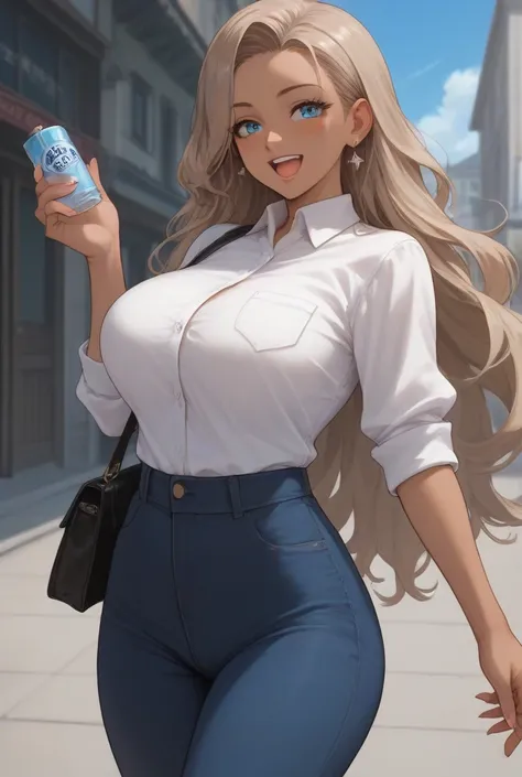 Dark skin anime girl, light brown hair,the ends of her hair blue,she is thick,have big boobs,blue eyes,nails blue,she is smiling, blush pink,top white, pants blackLong Hair, Breasts, Large breasts, Blue eyes, Open Mouth, 8K Octane, Anime, Award Winning, 