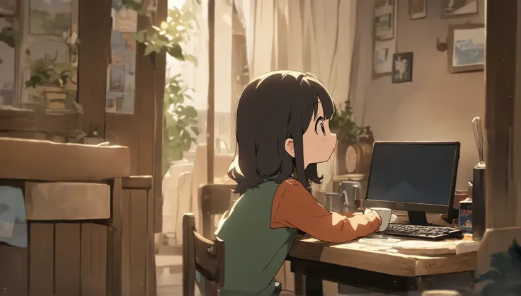 Cafe scene in the room, bright daytime 、 A girl is drinking coffee while using a computer。anime＋Ghibli　Age 25