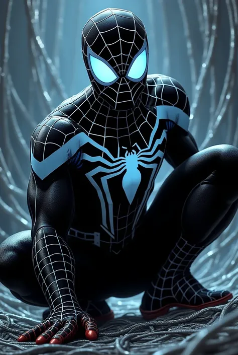 A comic book style of Spider-Man that's mainly black with his webbing designs glowing white. His lenses are glowing sky blue. His spider emblem is large and glows red. He's crouching in a pose that Spider-Man does all the time. The background is basically ...