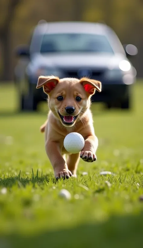 Follow the puppy from behind as it sprints across the park, weaving through the grass and toward the rolling car with the white big size ball clenched in its toes. Dramatic + cinematic + full detailed 

