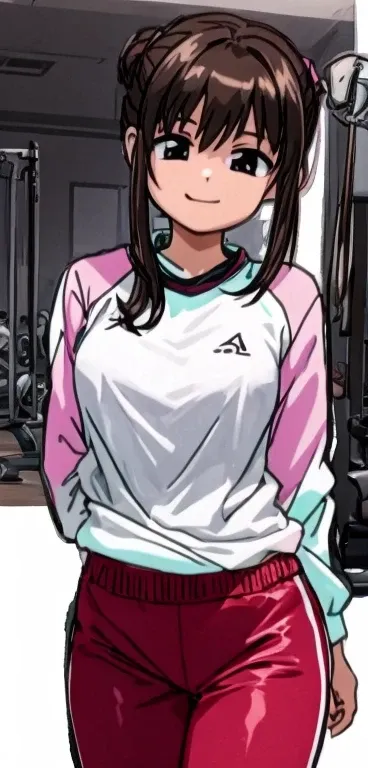 A  is standing in gym clothes and smiling。