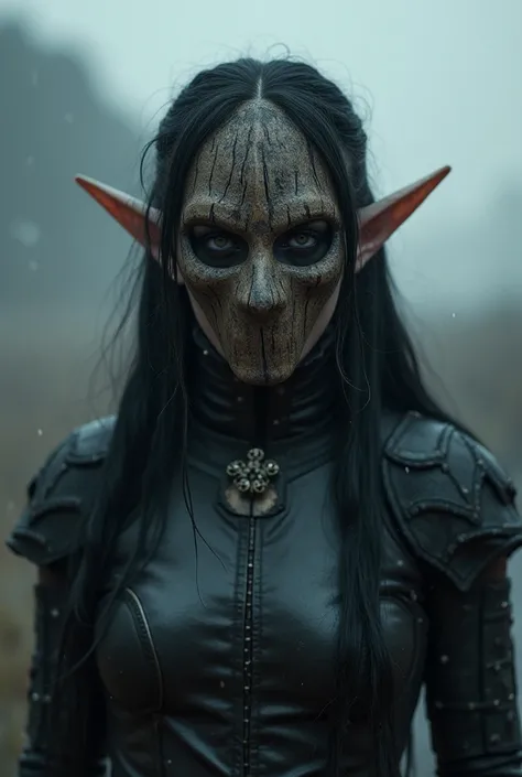 Upper body shot, a woman with slightly gray skin and wearing an ash wood mask, the mask completely hides her face, pointed elf ears, long black hair, gray skin, antique black leather armor, combat pose, dynamic pose, complex fantasy character, NSFW, gray s...