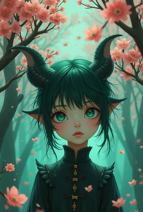 Chat kawaii noir au yeux vert avec un arbre de Sakura stylé, draconique