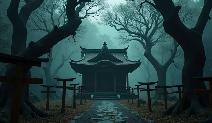 (masterpiece:1.4),best quality,ultra high res,(photo realistic:1.6),(horror:1.8),small wooden shabby shrine in Japan,trees,Many small torii gates,scared,Fear,eerie,spooky,weird,ominous,