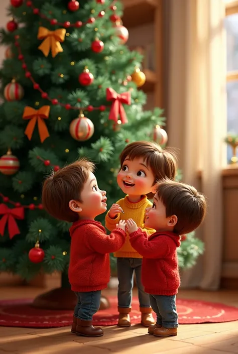 crea in stile pixar (( masterpiece, highest quality ,  highest image quality ,  high resolution, photorealistic, RAW photo,  highly detailed 8k unified CG background )), three small ren no more than  dressed in colorful sweaters attach ornaments in the for...