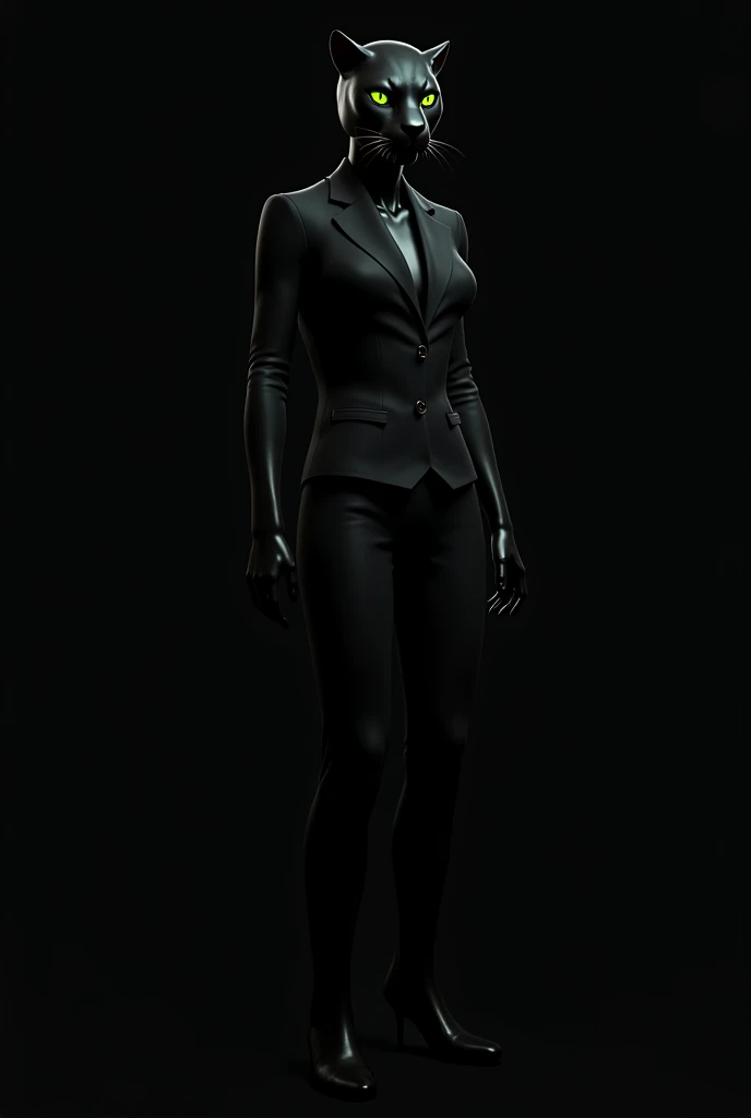 Female panther with green eyes in black suit standing 