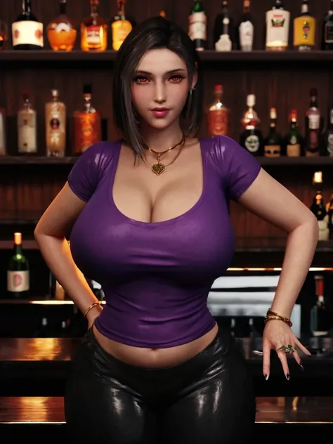 Tifa lockhart, implanted Big breast, (((tight purple short sleeve t-shirt))),Game,1girl,Gold chained round shape necklace,Bracelet,Big cleavage,Unnatural big breast,Cleavage,black color long nail,Swaying hip,Thick tights,Wide hips,very big cleavage,Enchanc...