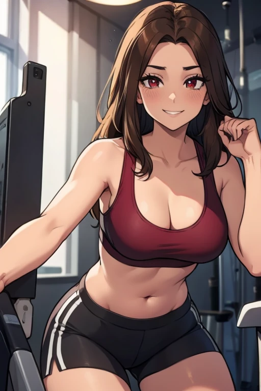 Perfect face. Perfect hands. A brown haired woman with red eyes with an hourglass figure in a sports bra and shorts is smiling while working out in a gym.