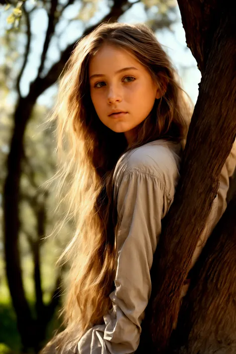 Emotive medium shot: A young girl sits under the sprawling branches of a large, old tree, her back slightly hunched as she rests on the soft grass. The camera captures her from a diagonal front angle, focusing on her face, which carries a faintly sad and c...