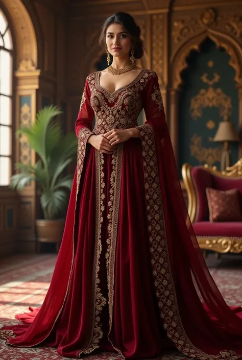 Generate a beautiful Pakistani queen wife with an average height, pinkish neutral skin tone,chest of 38C,60 kg body weight, wearing a dark red royal heavy Pakistani queen dress