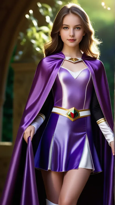 full body, stunningly gorgeous sensual young girl (age 12), pale skin, straight brown hair, purple power ranger, satin cape cloak, skirt, dreamy smirk, stunning eyeliner, elegant pose, bathed in ambient and mysterious sunlight, diffused light, Intricately ...