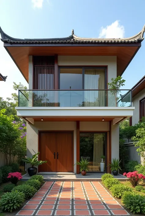 Design a Thai roof house, typical of Vietnam. The house has dimensions of 8mx12m. Designed in modern style. There are 2 floors. Aluminum glass windows. The main door is wooden. There are flowers planted around the house. Courtyard tiles are brightly colore...