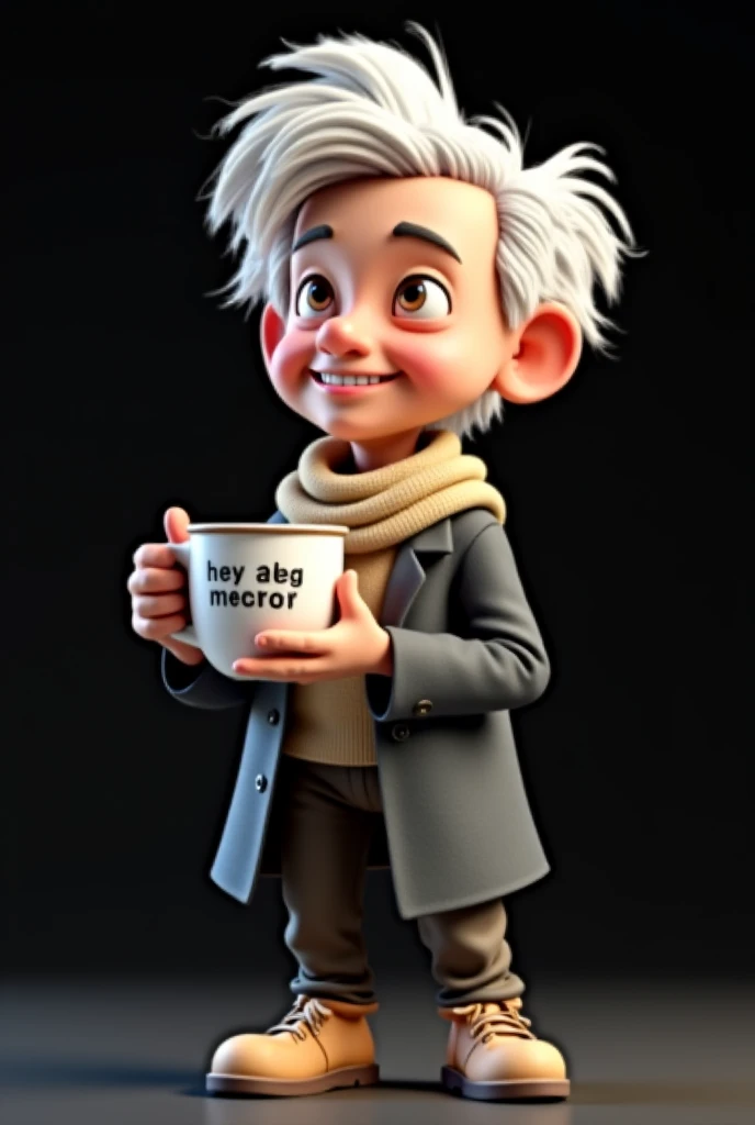 An infatilized 3D character depicting an elderly  with a cheerful expression.  He has messy and voluminous white hair ,  with a charismatic air .  He wears a thick dark gray coat and a beige scarf with a wool texture , and his pants and shoes match his sop...