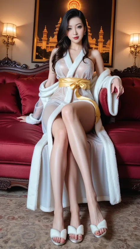  Elegant beauty, Chinese goddess, Diao Chan, charming , confident pride, Chinese imperial lady hairstyle,
(she wears a yellow luxurious Chinese Palace translucent light sheer tulle bathrobe:1.3), bathrobe front fully opened,(full body photo: 1.5), male pov...