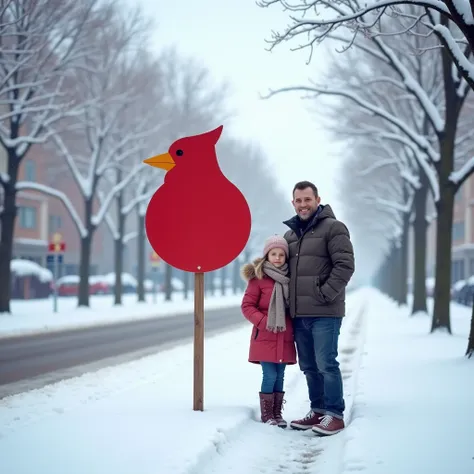 There is a blank sign in the shape of a red cardinal standing on the roadside in a winter snow scene. The cardinal has a simple shape and clear outlines, and the sign stands on a city street covered with snow. Next to it stands a little British girl and he...