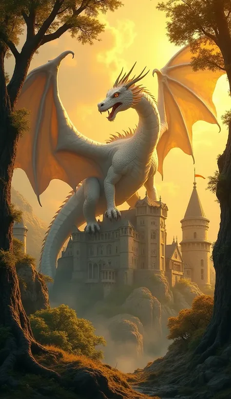 The white dragon controlled the palace and tried to grip the palace building with anger. This dragon spat fire from its mouth and its claws were on the palace walls as if it was trying to get down from the castle from above. a dragon with four legs and two...