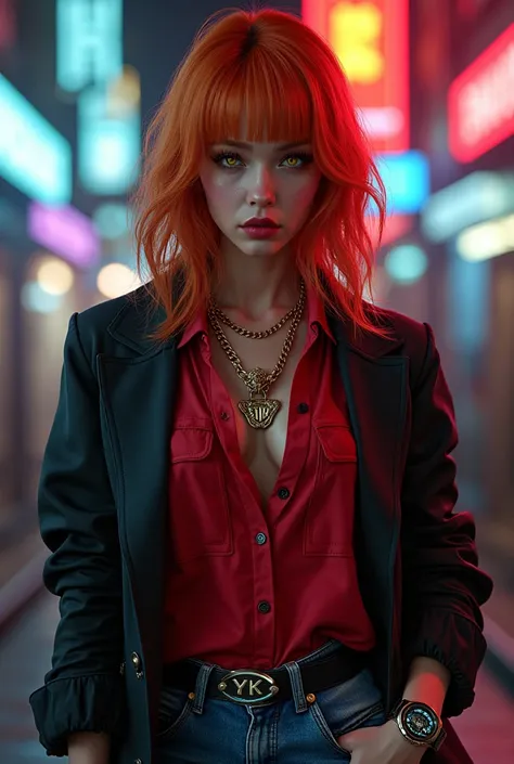 Gold chain with a pendant that says agent YK, digital watch, yellow eyes, orange hair, cyberpunk, thailand, jeans, coat, red shirt