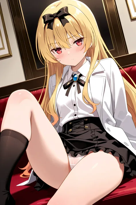 NSFW,masterpiece, top quality, high resolution, very detailed,Yue\(arifureta: from common to world's strongest\), blonde, white shirt 、 black skirt 、 white coat、 black knee socks、 black hair band 、 hair bow、neck ribbon