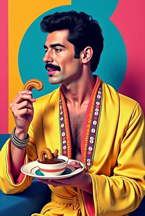  Create me an image
Of Freddie Mercury eating churros 
With chocolate, in a robe and freshly lifted without combing pop art style 