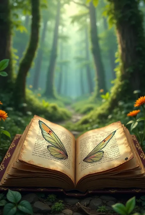 Just a beautiful old book, Open, All drawn with fairy wings. in the background a forest.  realistic photo .