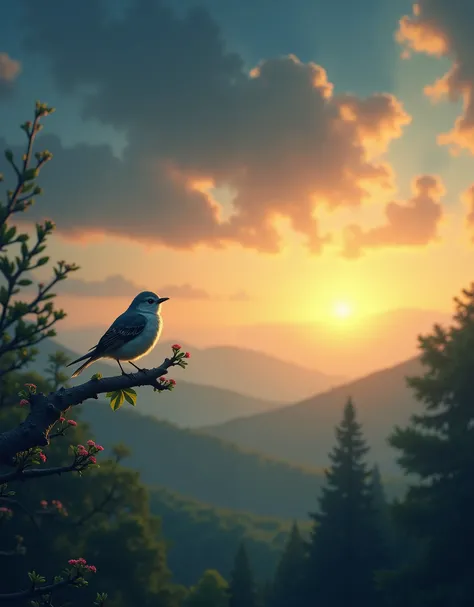 A starry night fading into the first light of dawn, with a small bird perched on a branch.
