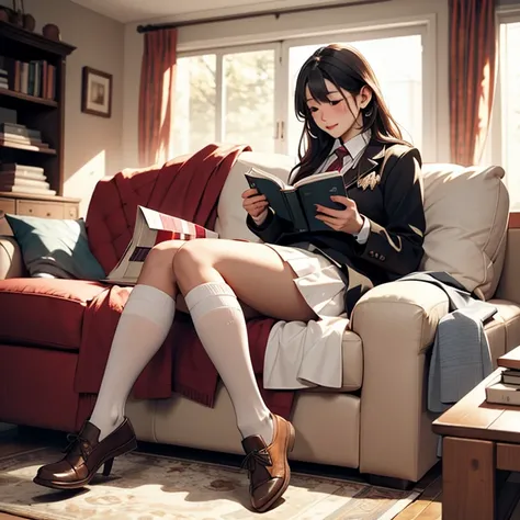   white high socks、uniform、  skirt 、 winter clothes
Read a book、 living room 