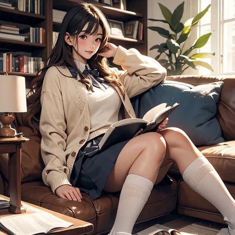   white high socks、uniform、  skirt 、 winter clothes
Read a book、 living room 