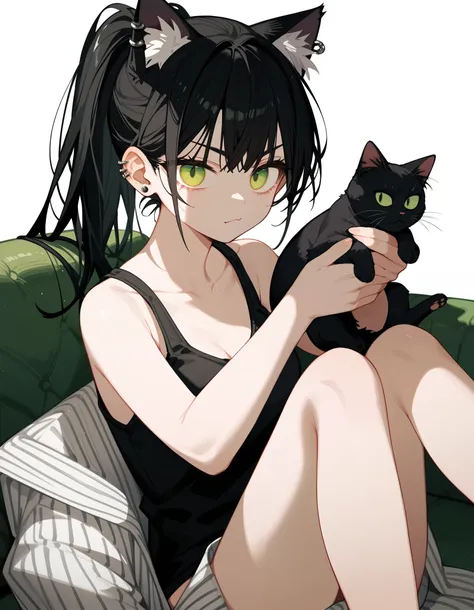 alone,Black Cat Ear Girl , Ponytail, in green eyes , medium chest ,white yukata , Black Tank Top,Cat Ear Piercing , black hair,sit and play,Emotionless,Gothorn, Straight Line,Fierce face,Yarn Play ,Droopy eyes,Carry a cat , sitting on the couch,