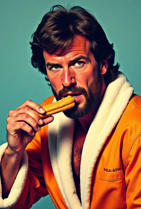 Create an image for me
Of Chuck Norris eating churros 
With chocolate, in a robe and freshly lifted without combing pop art style 