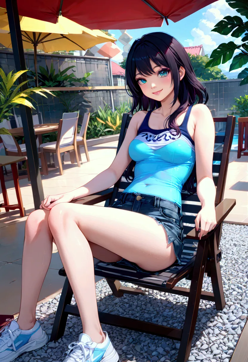 cute young woman, smiling, sitting on relax chair, pebbles floor, near swimming pool, BREAK, (black long hair, eyeglasses), BREAK, ( t-shirt, aqua tank top, denim pencil mini skirt, white sneakers, BREAK, (1girl, solo, full body), (best quality,4k,8k,highr...