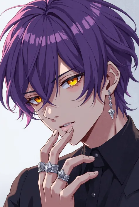 a anime man with purple hair and yellow eyes and he is wearing silver earrings and rings