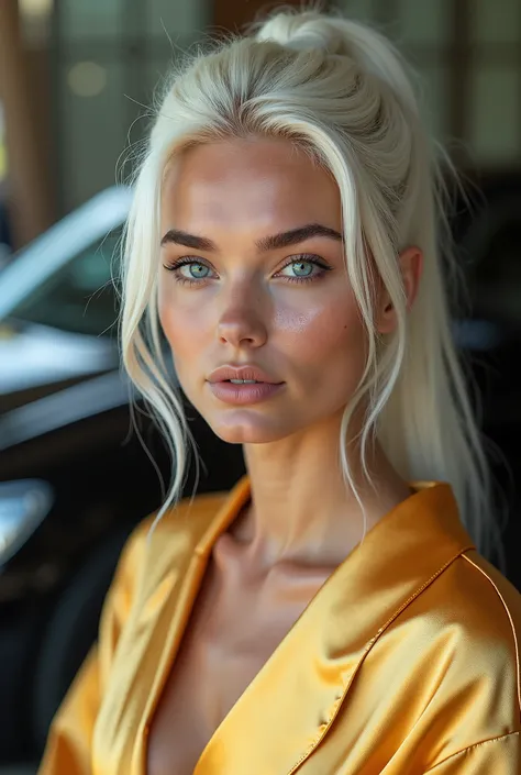 Create ultra-realistic photography .  very pretty model  ,hot,     white hair,    ponytail blue eyes.gold satin bathrobe sports suit . A black Audi in the background.

