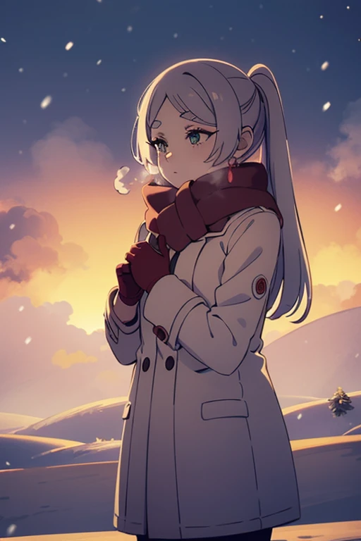  葬送の Freelen, Freelen,a cute adult woumen wearing a warm winter coat and scarf, standing in a snowy landscape, steam rising around her, with rosy cheeks and wearing gloves,longeyelashes,soft lighting,snow,winter,cozy,warm,steam,red cheeks,gloves,muffler