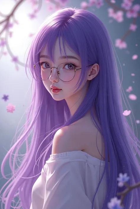 A girl with purple long hair with eye glasses