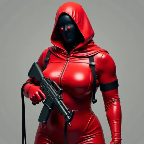 image of a person wearing a low cut red latex bodysuit, wearing a red hood, wearing a black faceless mask with a dot in the middle of the mask. The chest is jumbo sized. She is holding a large handgun with sling