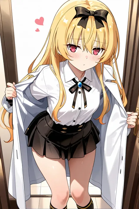 NSFW,masterpiece, top quality, high resolution, very detailed,Yue\(arifureta: from common to world's strongest\), blonde, white shirt 、 black skirt 、 white coat、 black knee socks、 black hair band 、 hair bow、neck ribbon