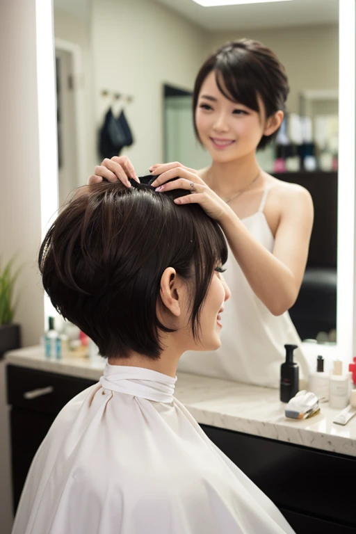 haircut japasese beautiful girl, pixie bob, nape shaved, clippers,back, The neckline on the back of her head is trimmed with clippers held by a beautiful female hairdresser。A reflection in the mirror 。 Her hair is scattered all over her white cape 。Photo i...