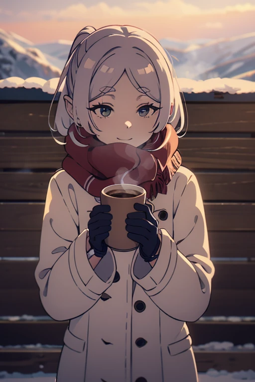  葬送の Freelen, Freelen,happy,a cute adult women wearing a warm winter coat and scarf, standing in a snowy landscape, steam rising around her, with rosy cheeks and wearing gloves,longeyelashes,soft lighting,snow,winter,cozy,warm,steam,red cheeks,gloves,muffl...