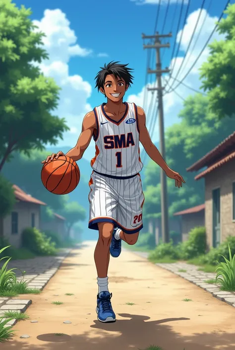  A 19-year-old male anim character with a brown skin tone and an oval-shaped face.  his hair is black , straight , and neat ,  matched his active style .  He was wearing a modern Oren striped white basketball jersey with the inscription SMA 1 Seaman on the...