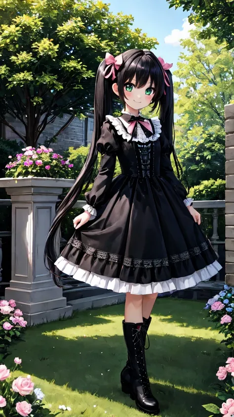 (masterpiece:1.3, best quality:1.3, ultra detailed:1.2, unity 8k:1.2, professional lighting:1.2, sharp focus:1.2)
(beautiful girl:1.3, elegant pose:1.2, gentle smile:1.2)
BREAK (black hair:1.2, very long twintails:1.2, flowing hair:1.1)
(hair ribbons:1.2, ...