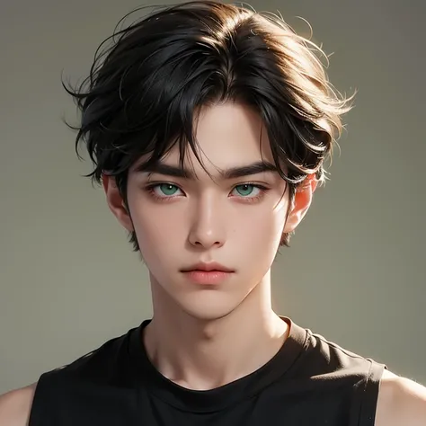 Green eyes, monolid eyes, Short hair, Black hair, Fringe curly haircut, using sleeveless shirt for a senior boy, normal face, bright color.((28 years old)) 