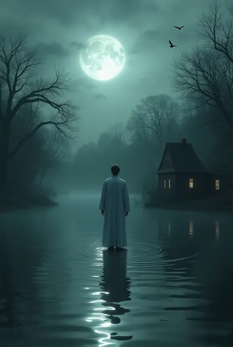 A highly detailed and atmospheric digital painting of a mysterious  man standing in the middle of a dark, still lake at night. The , seen from behind, wears a long, flowing white nightgown that slightly brushes the water’s surface. The pale moonlight casts...