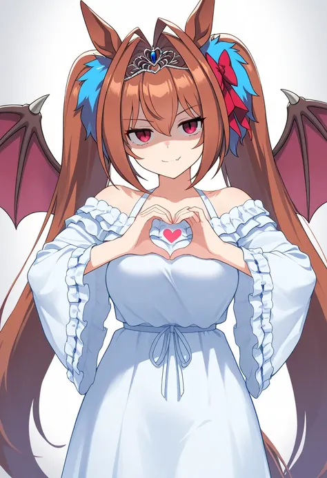 masterpiece, daiwa scarlet \(umamusume\), adapted costume, yu-gi-oh!, duel monster, cosplay \(change of heart\), 1girl, jitome, [shaded face], seductive smile, asymmetry wings, left demon wing, right feathered wing, heart hands, heart crystal, solo, split ...