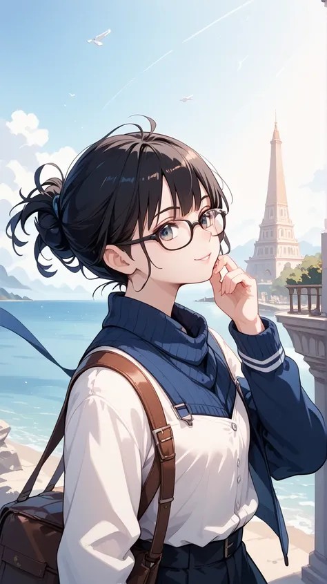 Black hair, glasses, braving the strong wind, a traveller heading for a faraway place