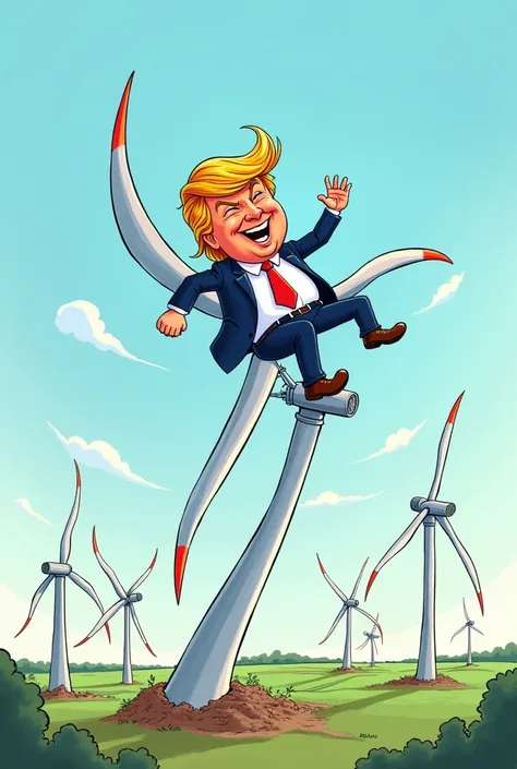 A cartoon of Trump shaking a leg in a windmill he had bent 