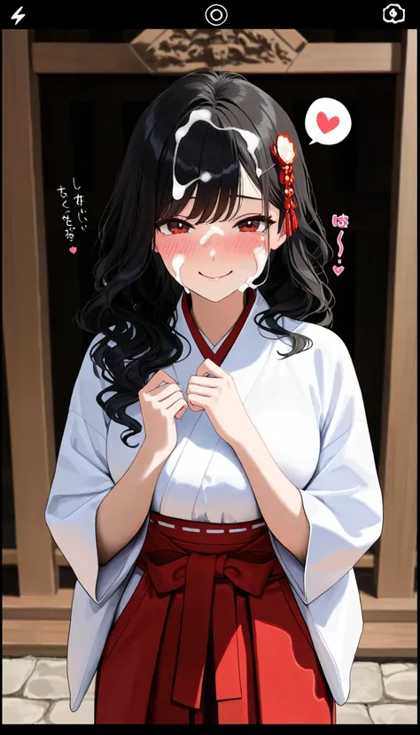 ( beautiful girl  : 1.3), 1 girl,(White and red hakama), black hair, wavy hair,smile,Embarrassed,blush,Semen thread, semen on hair, semen on face,Dark Shrine , lines ,sound effect,masterpiece, top quality, Ultra High Resolution, rich contrast, high definit...