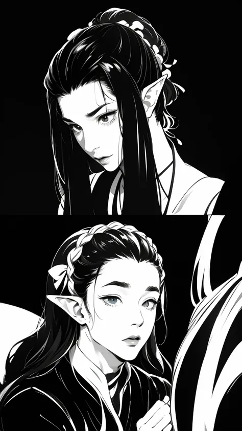  black background、(((masterpiece,              high resolution,              top quality   、 It accurately represents the face   )))、 (  Black and White、 A comic where elf men make you happy in 3 scenes)